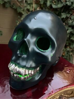 Handmade Elegant Green On Green Skull Sculpture with Authentic White Gold grill